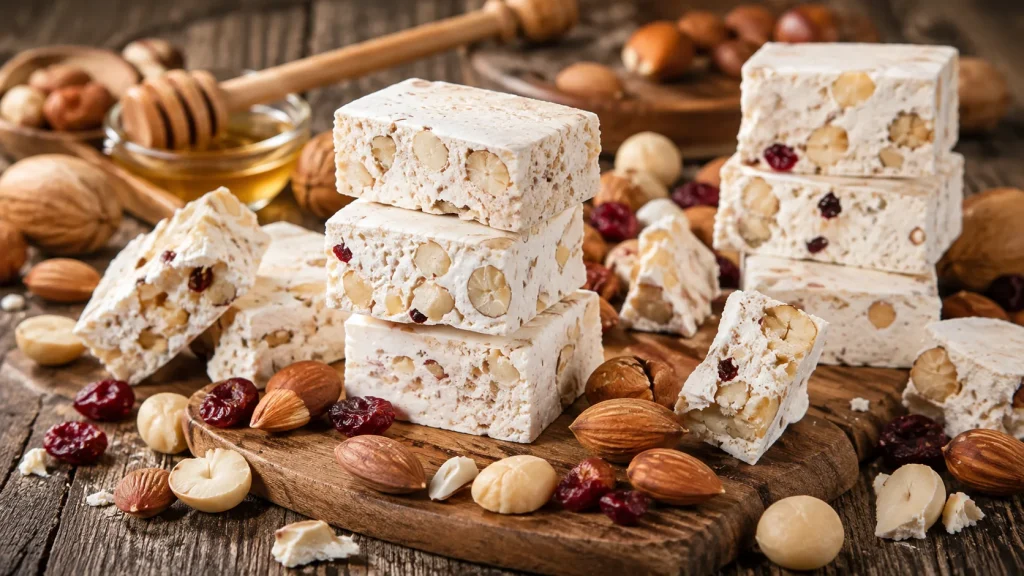 Forest Fairies almond and cranberry nougat stacked on a wooden board with nuts and honey