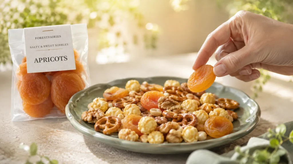 A hand picking a dried apricot from a bowl of Forest Fairies salty and sweet snacks