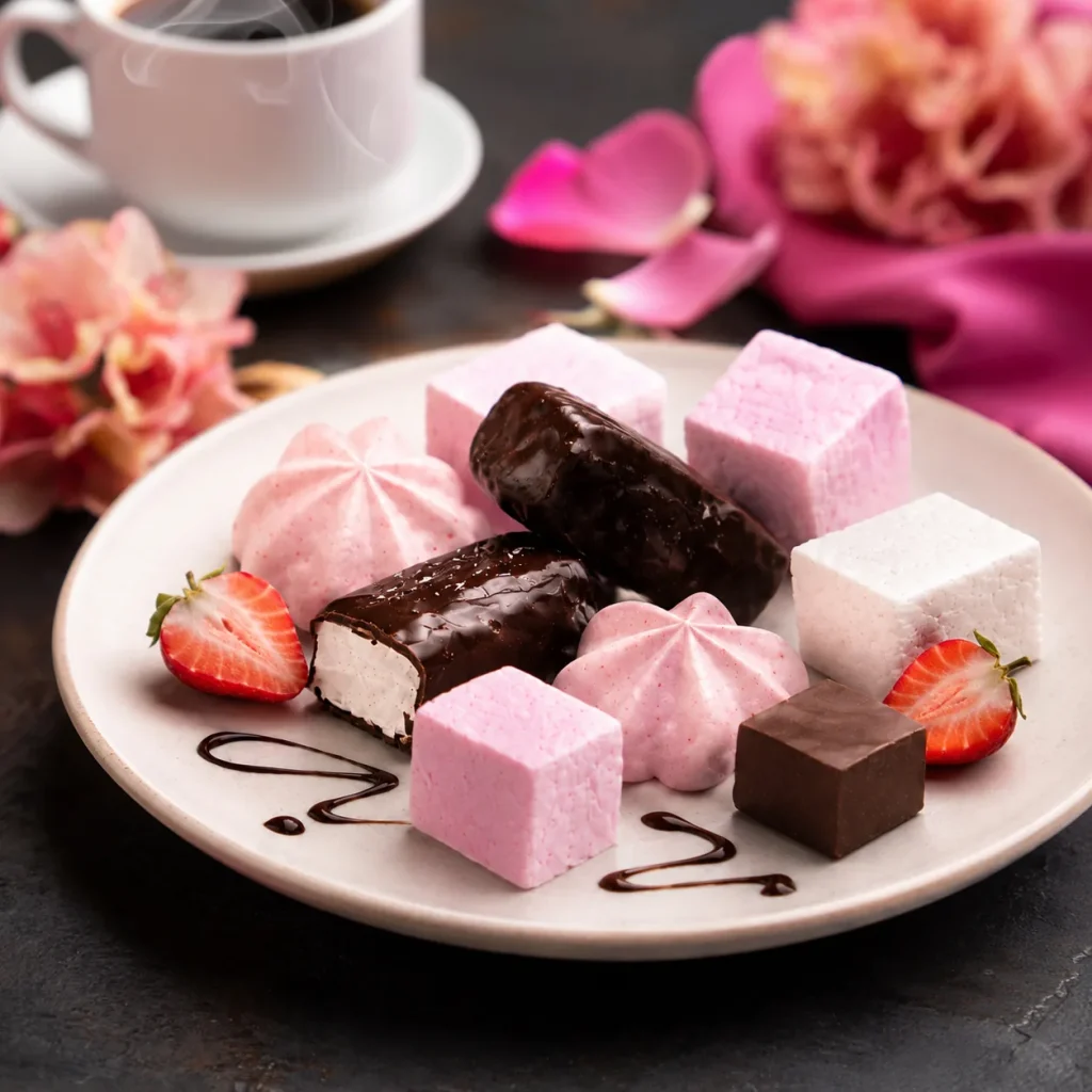 A plate of Forest Fairies sugar-free meringues, marshmallows and chocolate-coated treats with fresh strawberries