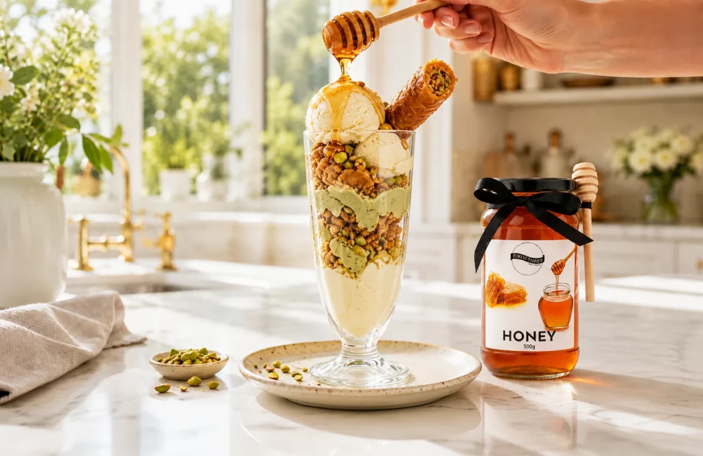 Honey baklava ice cream sundae with pistachios beside a jar of honey