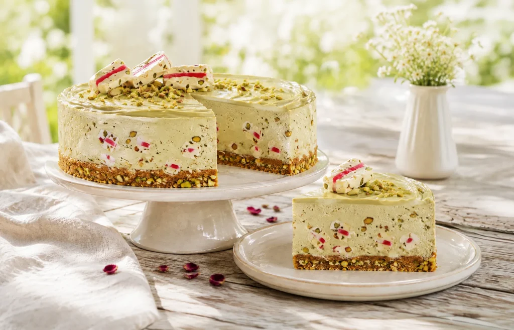 Pistachio and rose Turkish delight cheesecake with a slice served on a plate