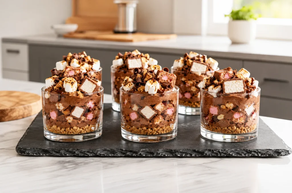 Rocky Road s’mores dessert cups topped with toasted marshmallows and chocolate