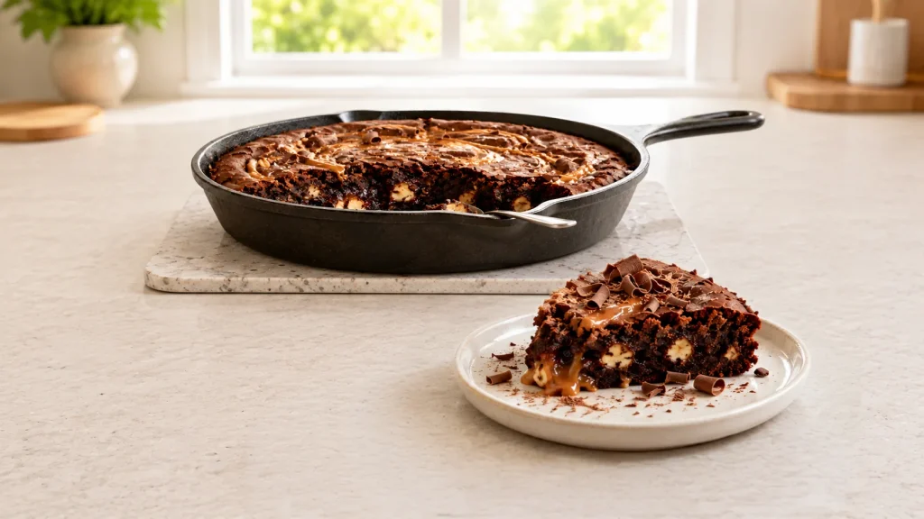 Salted caramel peanut butter brownie skillet with a slice served on a plate
